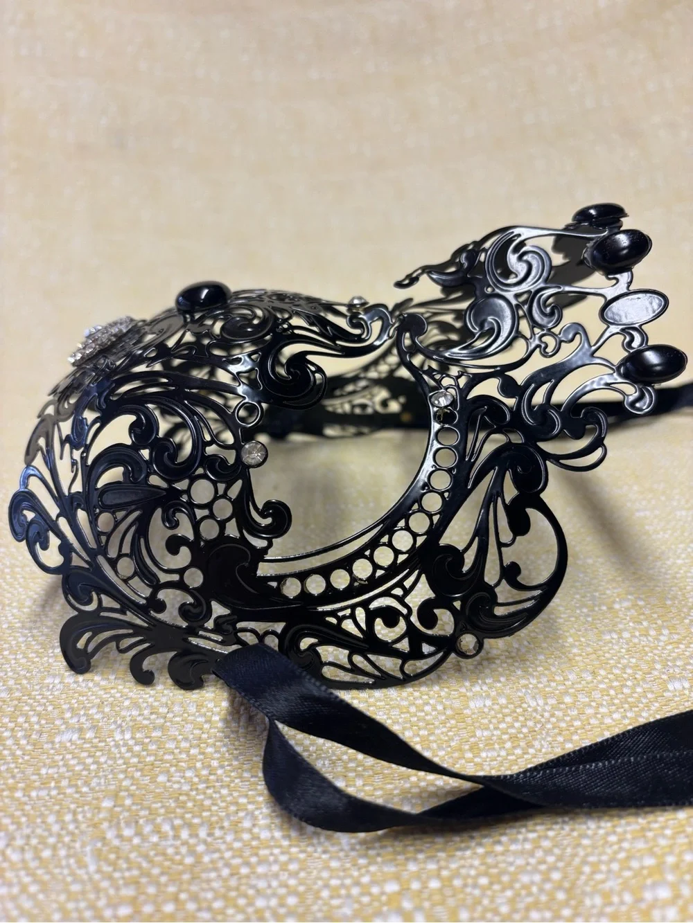 Ornate Black Filigree Rhinestone Masquerade Mask